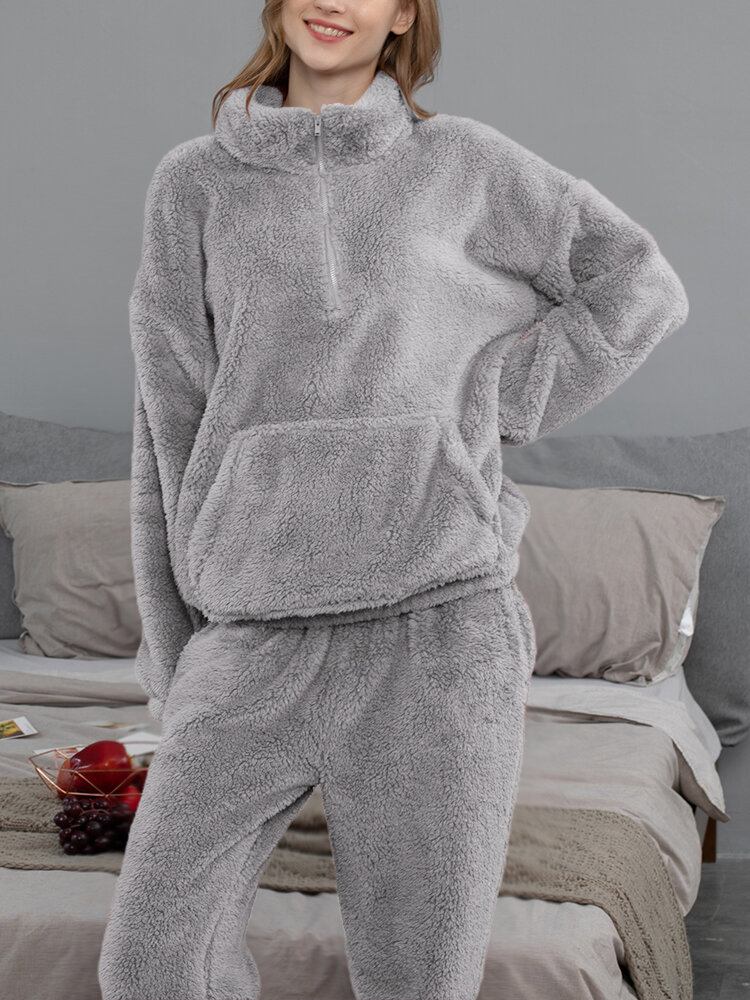 Kvinder Ensfarvet Plys Fluffy Kangaroo Pocket Pullover Joggerbukser Hjemmepyjamassæt