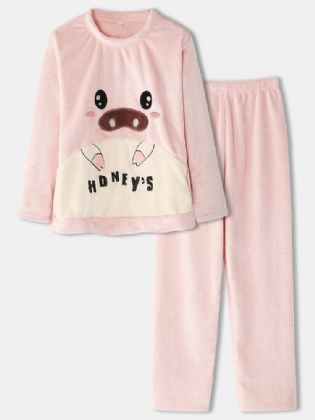 Kvinder Flannel Pig Grafik Langærmede Sweatshirts Elastiske Taljebukser Thicken Home Pyjamassæt