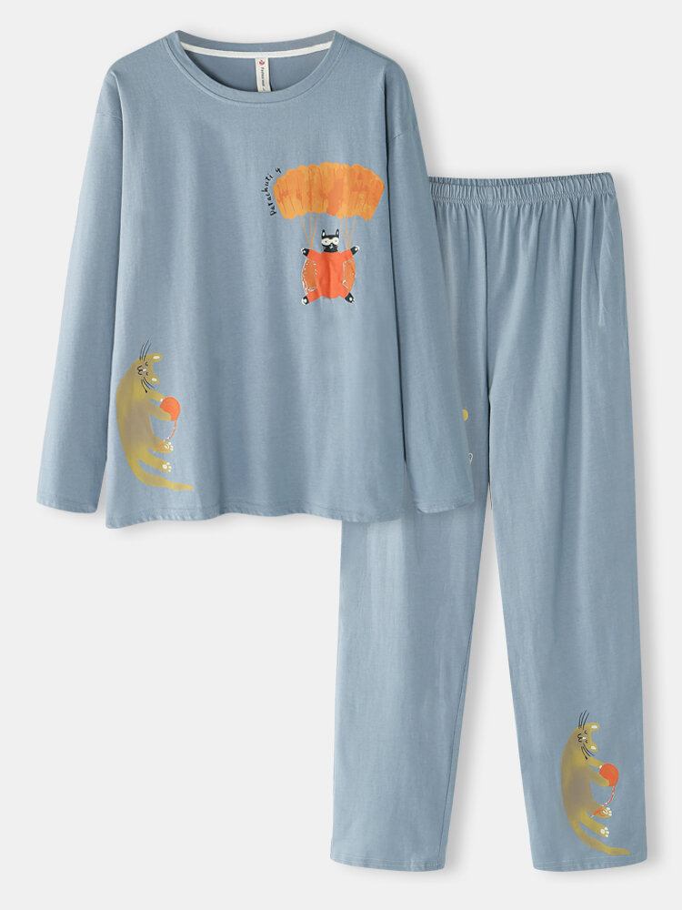 Kvinder Funny Cartoon Cat Print Rund Hals Pullover Elastik Talje Hjem Bomuld Pyjamas Sæt