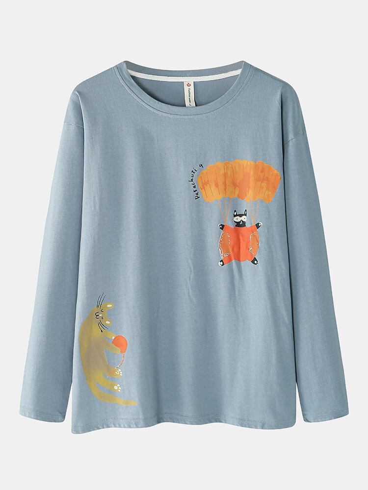 Kvinder Funny Cartoon Cat Print Rund Hals Pullover Elastik Talje Hjem Bomuld Pyjamas Sæt