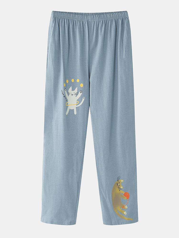 Kvinder Funny Cartoon Cat Print Rund Hals Pullover Elastik Talje Hjem Bomuld Pyjamas Sæt