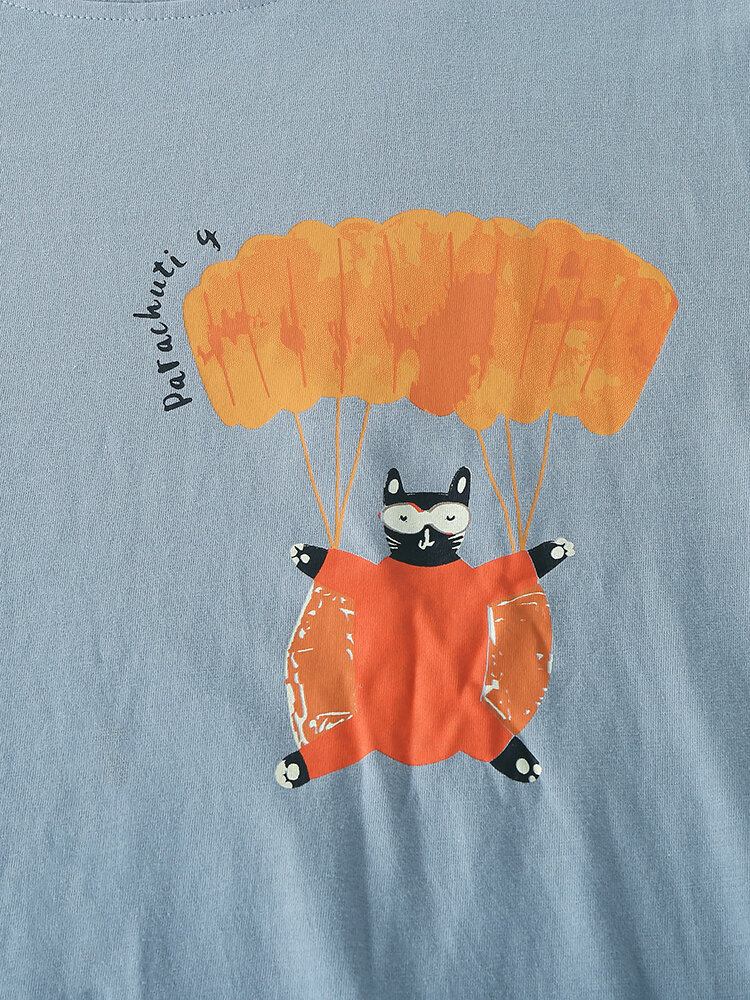 Kvinder Funny Cartoon Cat Print Rund Hals Pullover Elastik Talje Hjem Bomuld Pyjamas Sæt