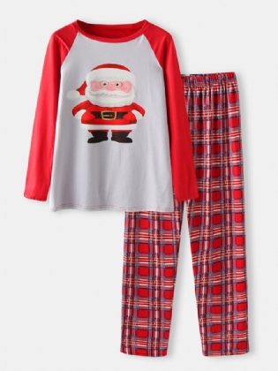 Kvinder Jul Julemand Print Pullover Plaid Elastiske Taljebukser Hjem Casual Pyjamassæt