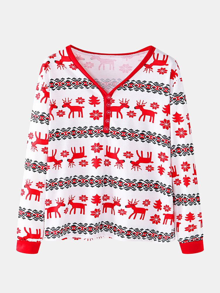 Kvinder Jul Tegneserie Print V-hals Pullover Elastisk Talje Løse Bukser Hjem Casual Pyjamas Sæt