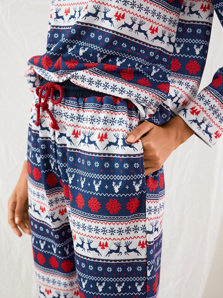 Kvinder Jul Tegneserie Vintage Print Langærmet Pullover Snøre Joggerbukser Hjem Pyjamas Sæt