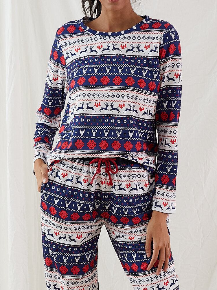 Kvinder Jul Tegneserie Vintage Print Langærmet Pullover Snøre Joggerbukser Hjem Pyjamas Sæt