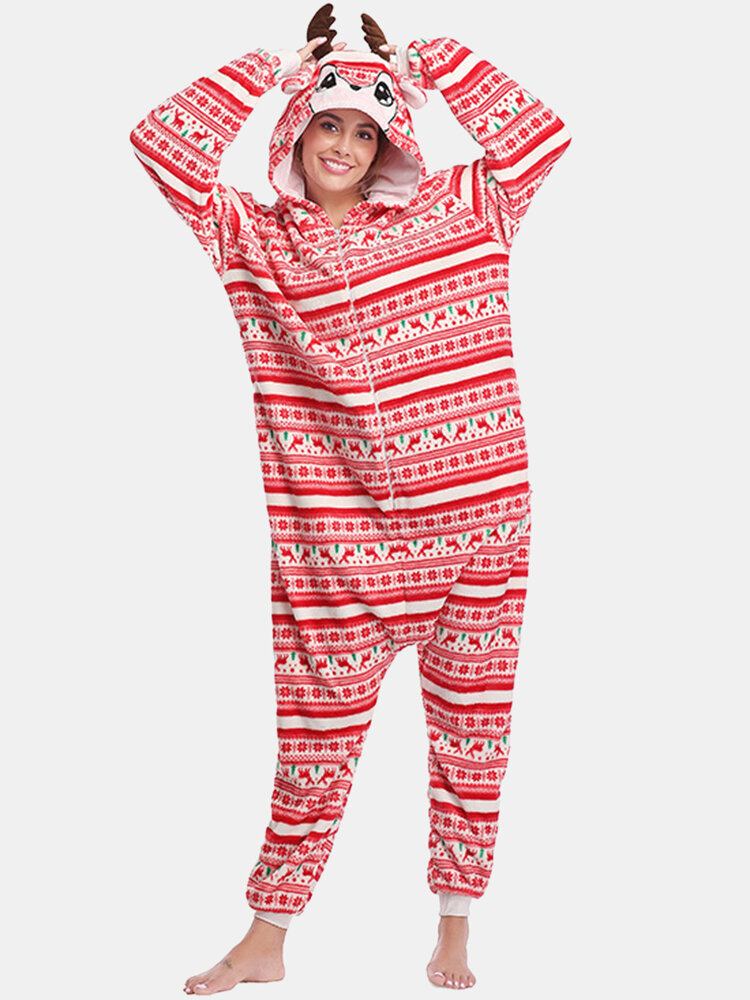 Kvinder Julestil Print Sød Elk Hættelynlås Forside Lomme Hjem Hyggelige One Piece Jumpsuits