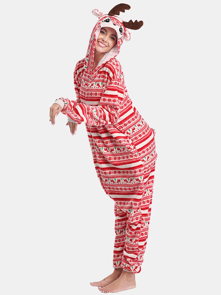 Kvinder Julestil Print Sød Elk Hættelynlås Forside Lomme Hjem Hyggelige One Piece Jumpsuits