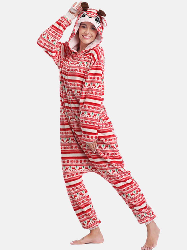 Kvinder Julestil Print Sød Elk Hættelynlås Forside Lomme Hjem Hyggelige One Piece Jumpsuits