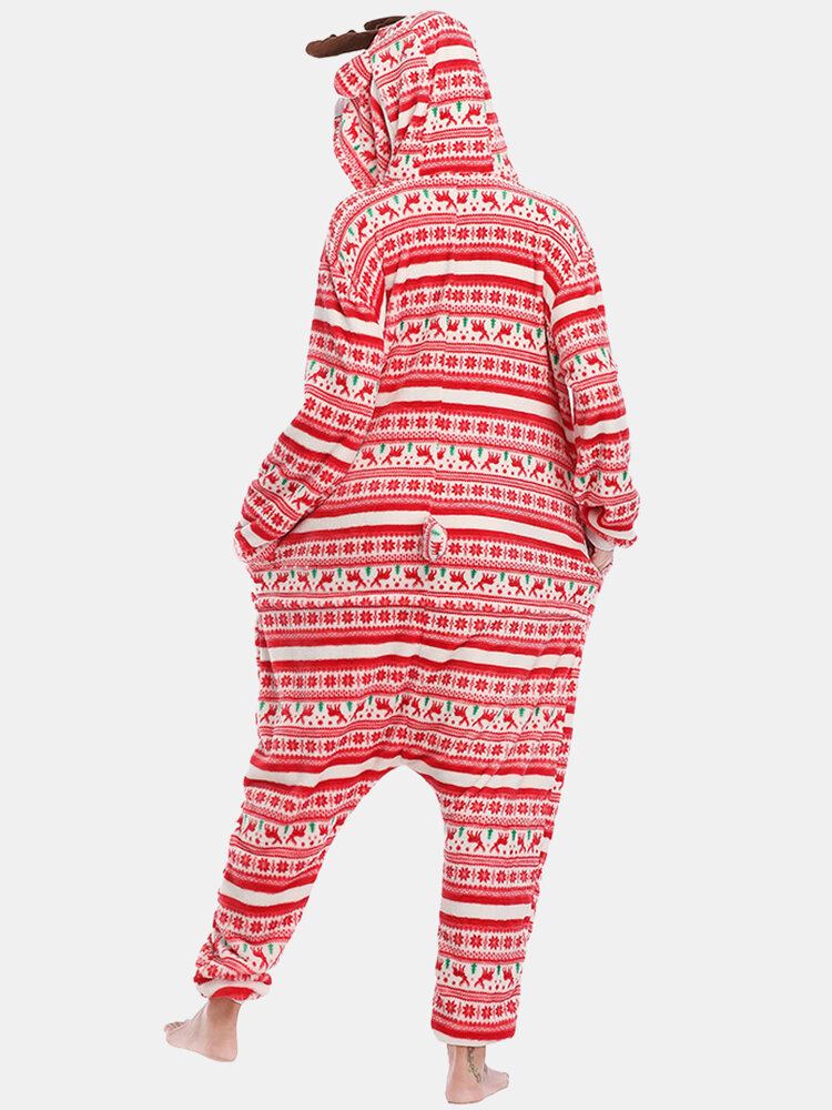 Kvinder Julestil Print Sød Elk Hættelynlås Forside Lomme Hjem Hyggelige One Piece Jumpsuits