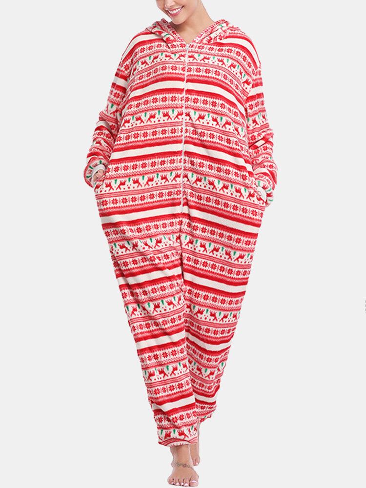 Kvinder Julestil Print Sød Elk Hættelynlås Forside Lomme Hjem Hyggelige One Piece Jumpsuits