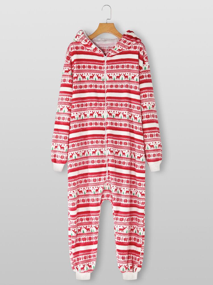 Kvinder Julestil Print Sød Elk Hættelynlås Forside Lomme Hjem Hyggelige One Piece Jumpsuits