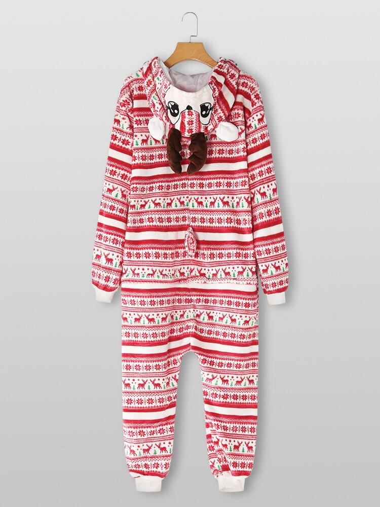 Kvinder Julestil Print Sød Elk Hættelynlås Forside Lomme Hjem Hyggelige One Piece Jumpsuits