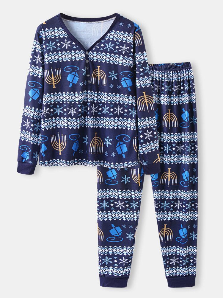 Kvinder Julestil Print V-hals Langærmet Pullover Løse Bukser Todelt Pyjamassæt