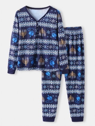 Kvinder Julestil Print V-hals Langærmet Pullover Løse Bukser Todelt Pyjamassæt