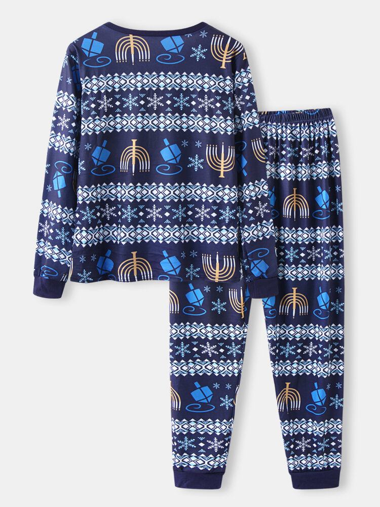 Kvinder Julestil Print V-hals Langærmet Pullover Løse Bukser Todelt Pyjamassæt