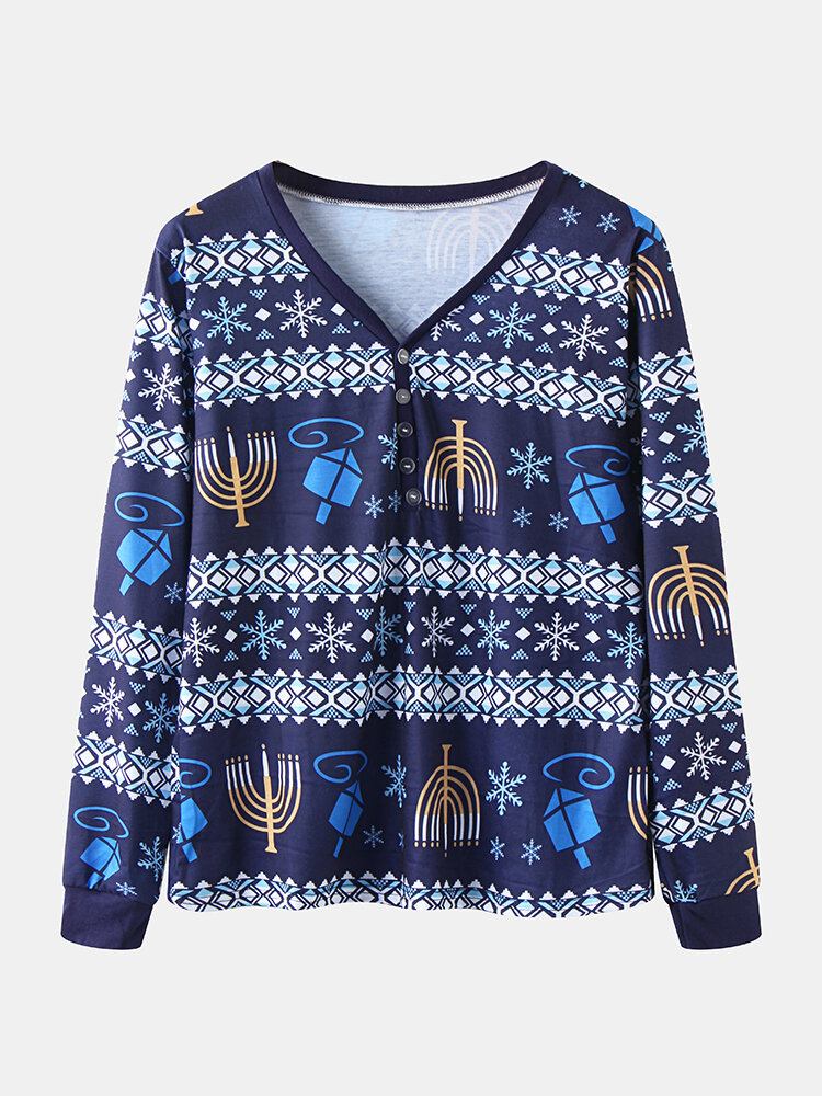 Kvinder Julestil Print V-hals Langærmet Pullover Løse Bukser Todelt Pyjamassæt