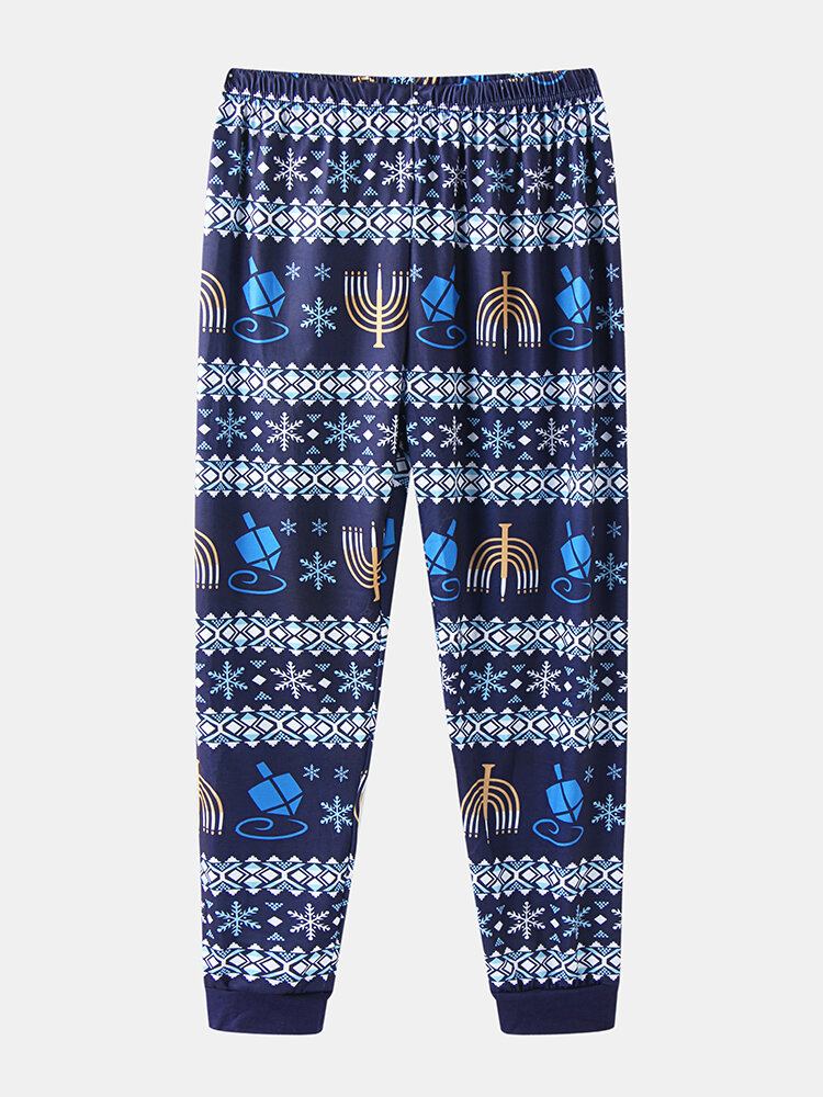 Kvinder Julestil Print V-hals Langærmet Pullover Løse Bukser Todelt Pyjamassæt