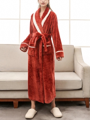 Kvinder Kontrastfarve Langærmet Tykke Dobbeltlommesnore Nattøj Robes
