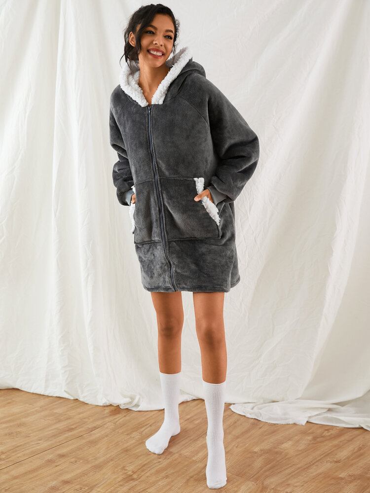 Kvinder Lynlås Kængurulomme Plys Oversized Tæppe Hættetrøje Varme Tykke Nattøj Robes