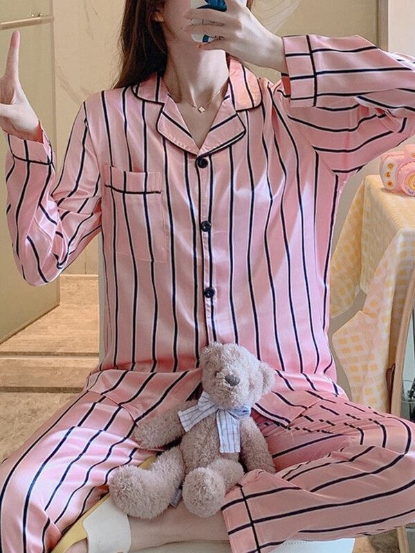 Kvinder Pink Stripe Print Camp Krave Langærmet Hjem Casual Faux Silke Pyjamassæt