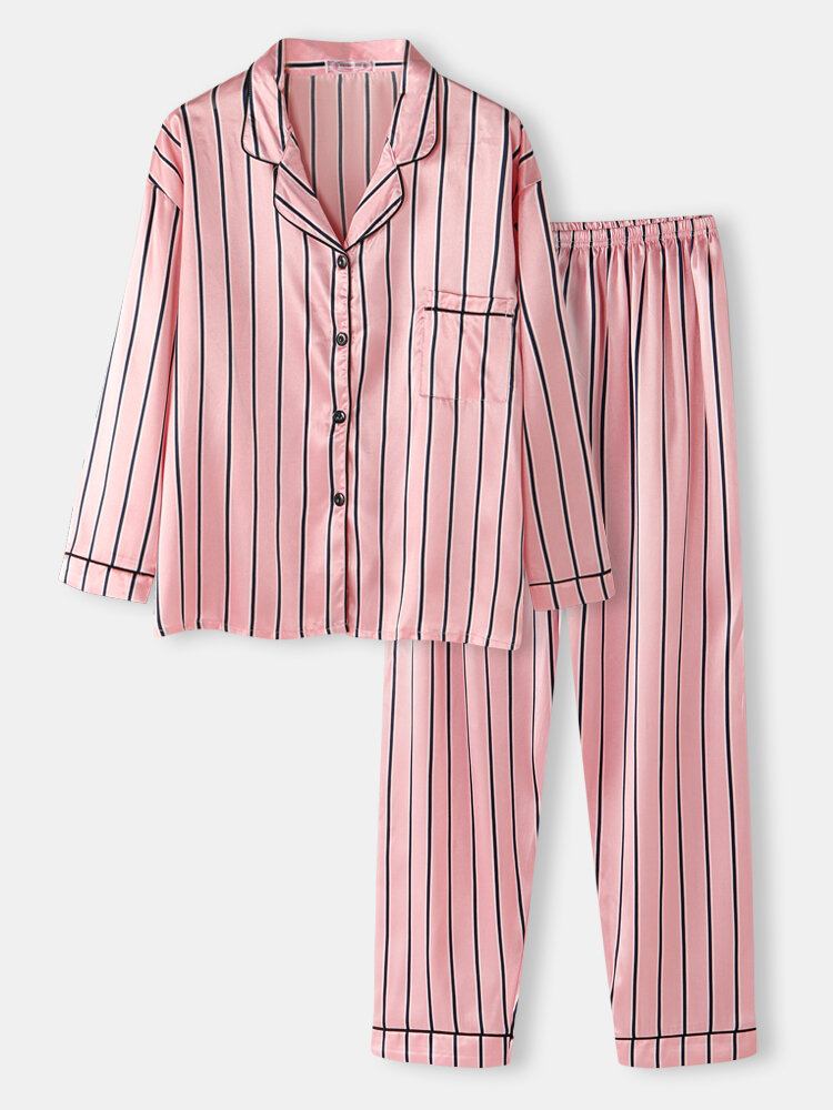 Kvinder Pink Stripe Print Camp Krave Langærmet Hjem Casual Faux Silke Pyjamassæt