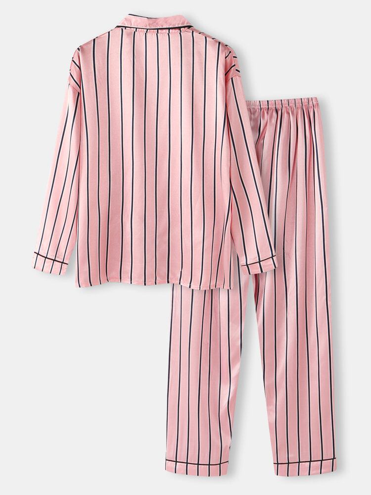 Kvinder Pink Stripe Print Camp Krave Langærmet Hjem Casual Faux Silke Pyjamassæt