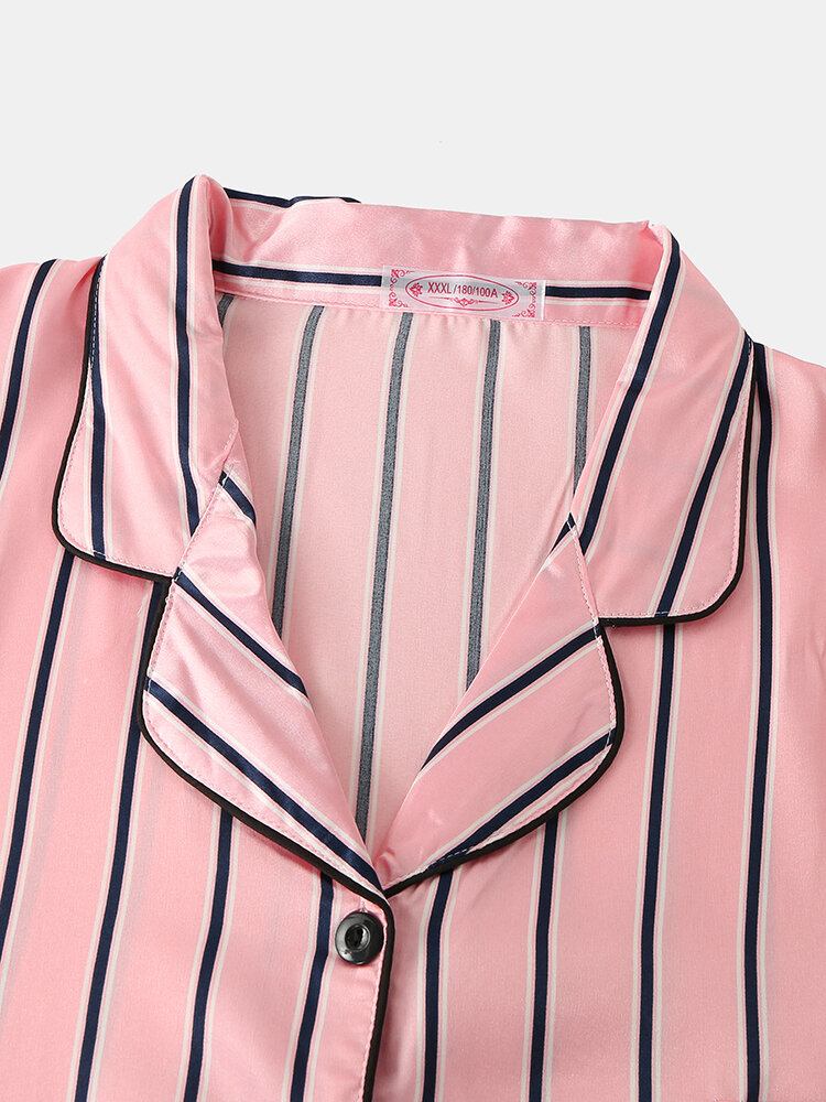 Kvinder Pink Stripe Print Camp Krave Langærmet Hjem Casual Faux Silke Pyjamassæt