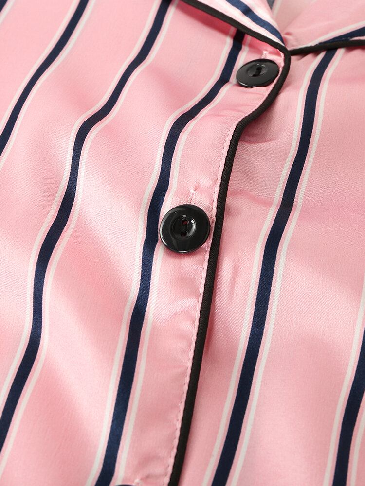 Kvinder Pink Stripe Print Camp Krave Langærmet Hjem Casual Faux Silke Pyjamassæt