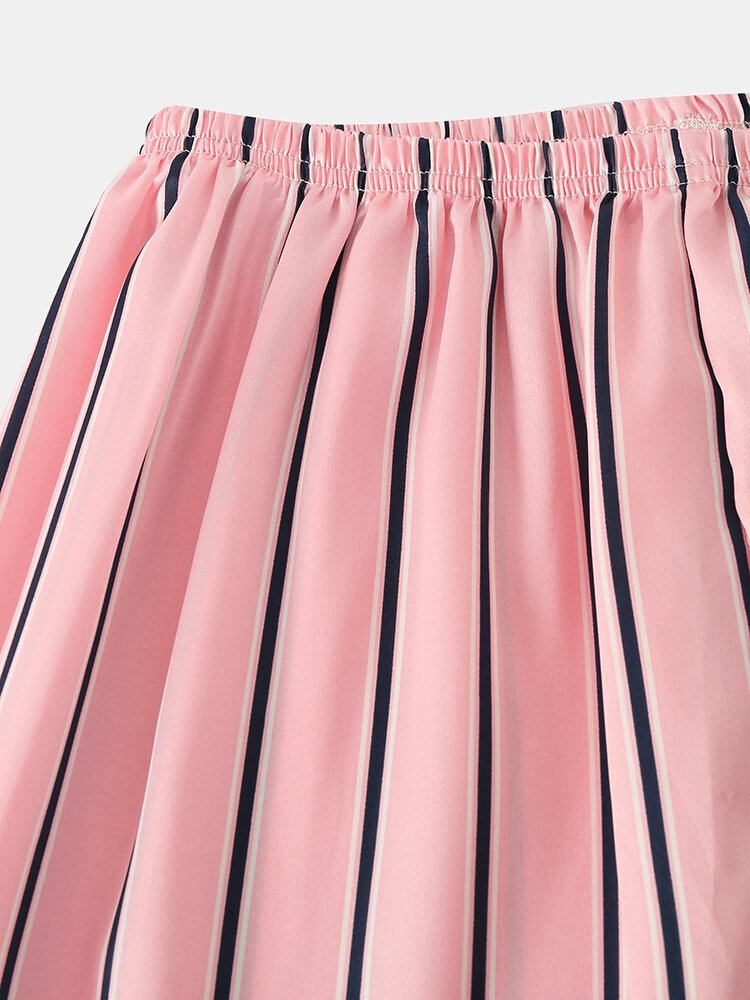 Kvinder Pink Stripe Print Camp Krave Langærmet Hjem Casual Faux Silke Pyjamassæt