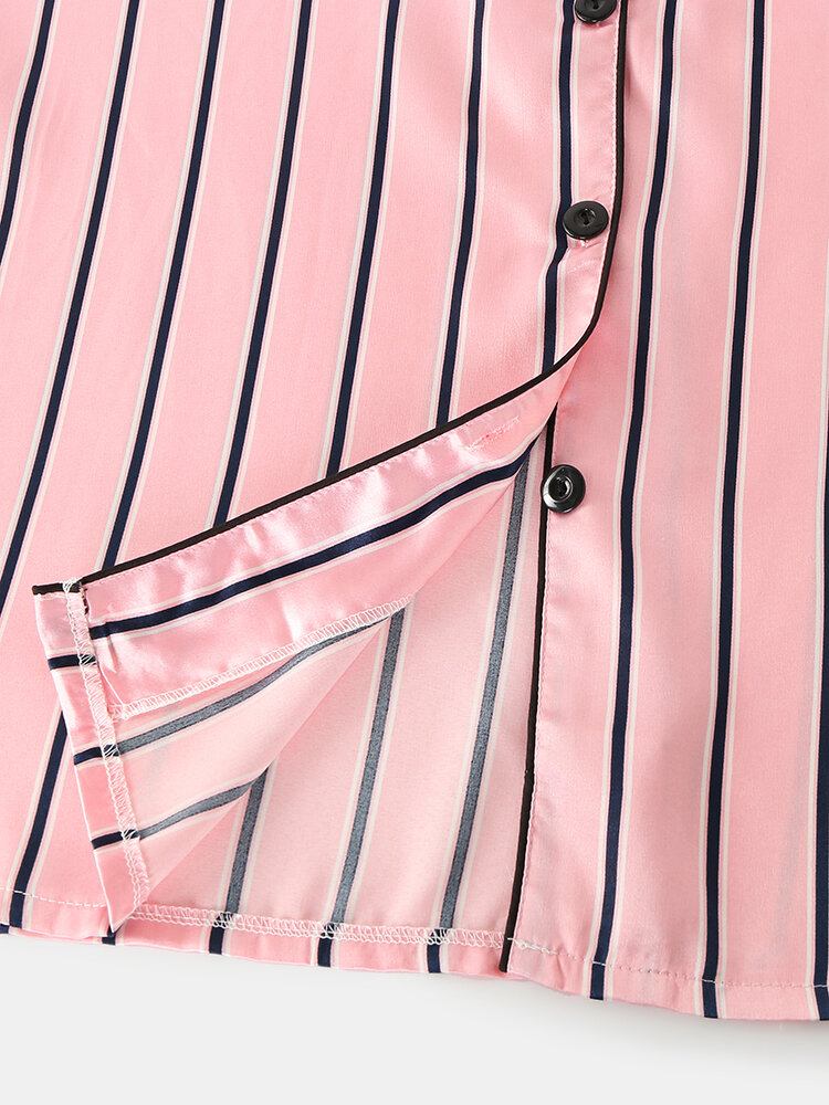 Kvinder Pink Stripe Print Camp Krave Langærmet Hjem Casual Faux Silke Pyjamassæt