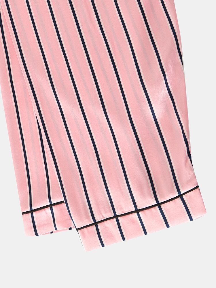 Kvinder Pink Stripe Print Camp Krave Langærmet Hjem Casual Faux Silke Pyjamassæt