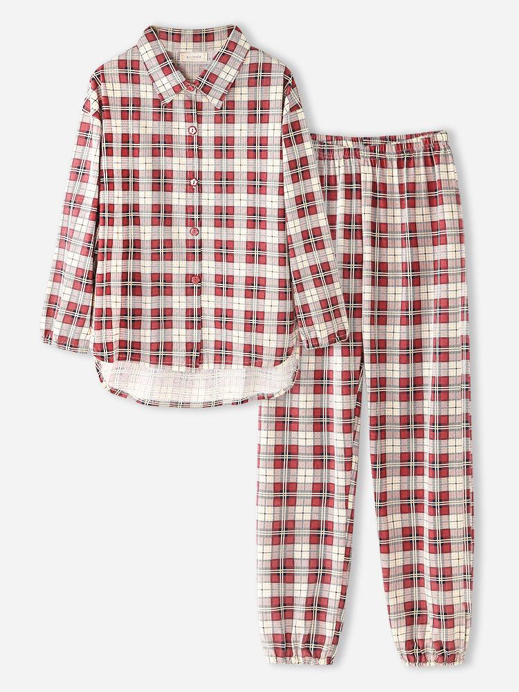 Kvinder Plaid Print Revers Høj-lav Hem Shirt Elastiske Taljebukser Hjemmepyjamassæt