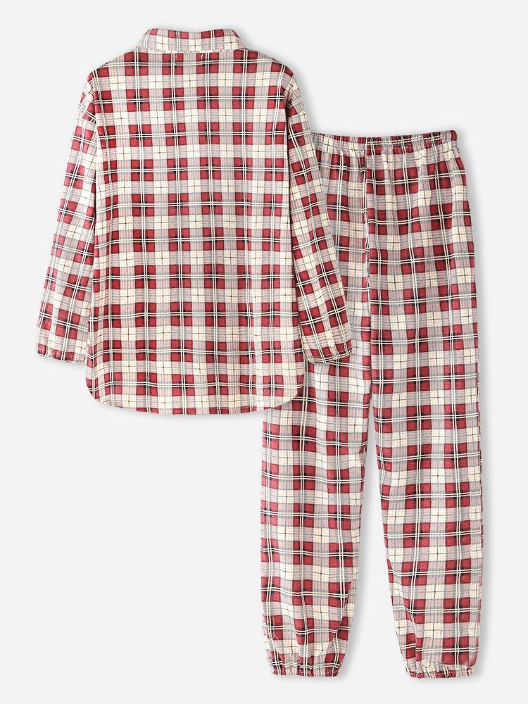 Kvinder Plaid Print Revers Høj-lav Hem Shirt Elastiske Taljebukser Hjemmepyjamassæt