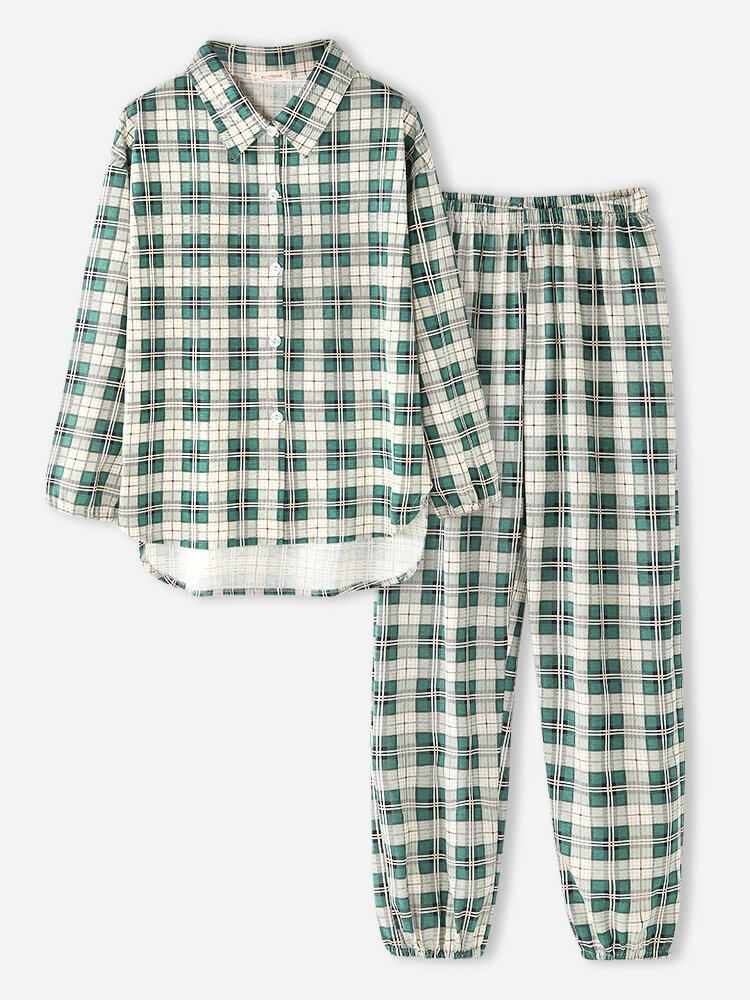 Kvinder Plaid Print Revers Høj-lav Hem Shirt Elastiske Taljebukser Hjemmepyjamassæt