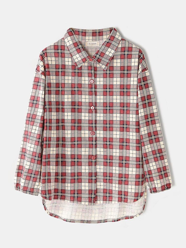 Kvinder Plaid Print Revers Høj-lav Hem Shirt Elastiske Taljebukser Hjemmepyjamassæt