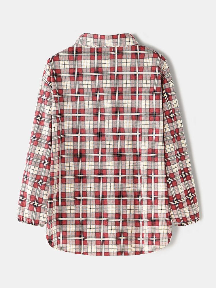 Kvinder Plaid Print Revers Høj-lav Hem Shirt Elastiske Taljebukser Hjemmepyjamassæt