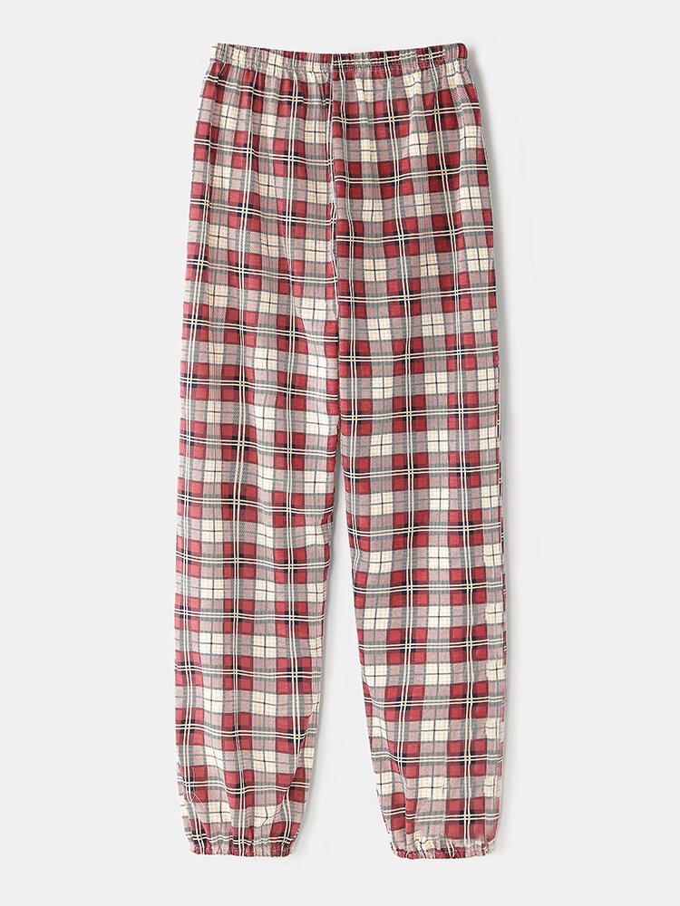 Kvinder Plaid Print Revers Høj-lav Hem Shirt Elastiske Taljebukser Hjemmepyjamassæt