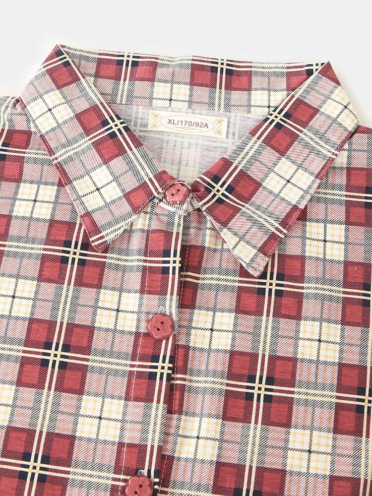 Kvinder Plaid Print Revers Høj-lav Hem Shirt Elastiske Taljebukser Hjemmepyjamassæt