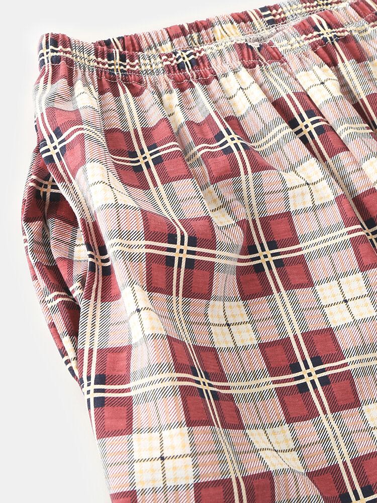 Kvinder Plaid Print Revers Høj-lav Hem Shirt Elastiske Taljebukser Hjemmepyjamassæt