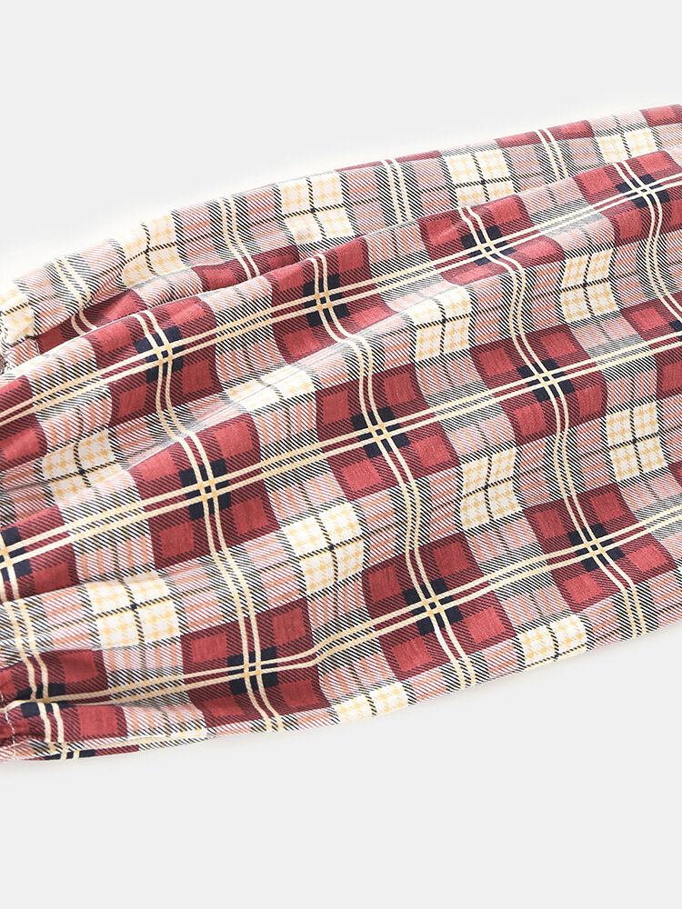 Kvinder Plaid Print Revers Høj-lav Hem Shirt Elastiske Taljebukser Hjemmepyjamassæt