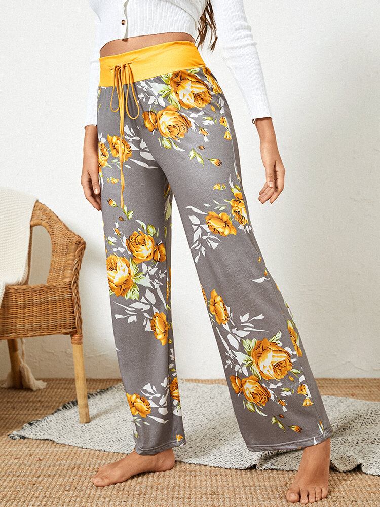 Kvinder Plus Size Blomster Print Snøre Talje Løs Hjem Casual Pyjamas Bukser