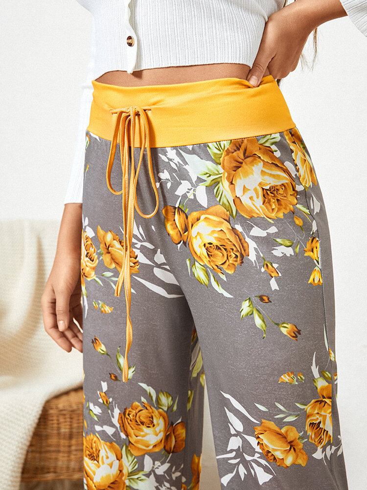 Kvinder Plus Size Blomster Print Snøre Talje Løs Hjem Casual Pyjamas Bukser