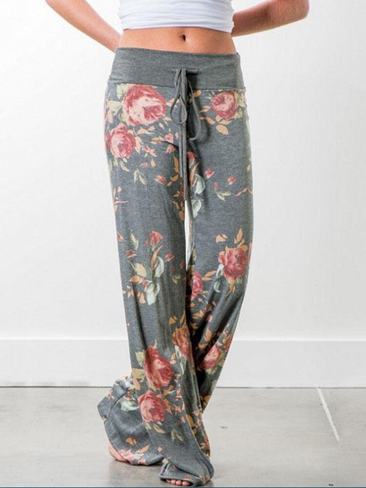 Kvinder Plus Size Blomster Print Snøre Talje Løs Hjem Casual Pyjamas Bukser