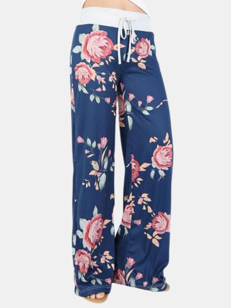 Kvinder Plus Size Blomster Print Snøre Talje Løs Hjem Casual Pyjamas Bukser