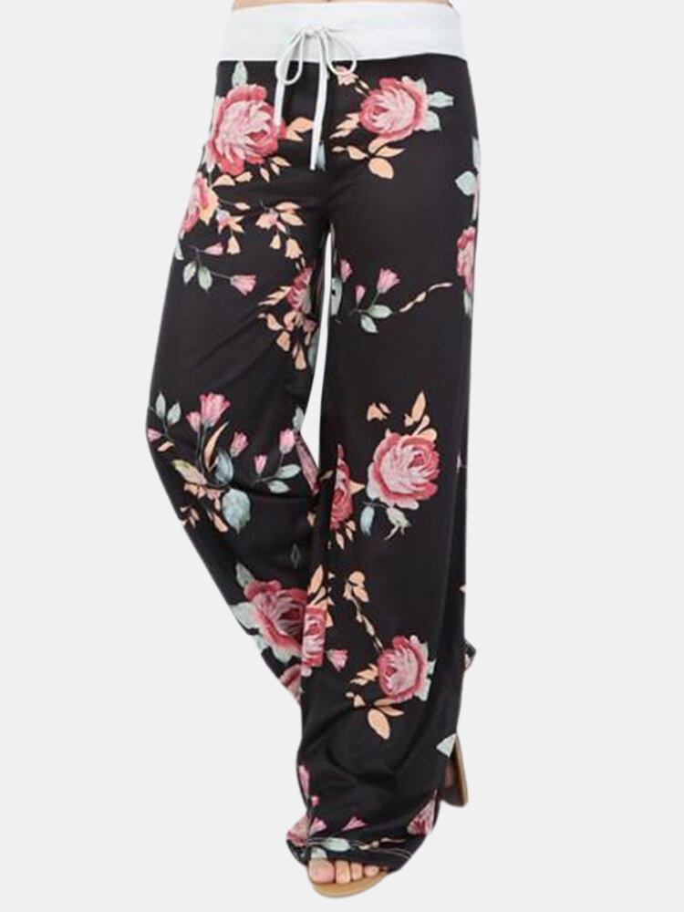 Kvinder Plus Size Blomster Print Snøre Talje Løs Hjem Casual Pyjamas Bukser