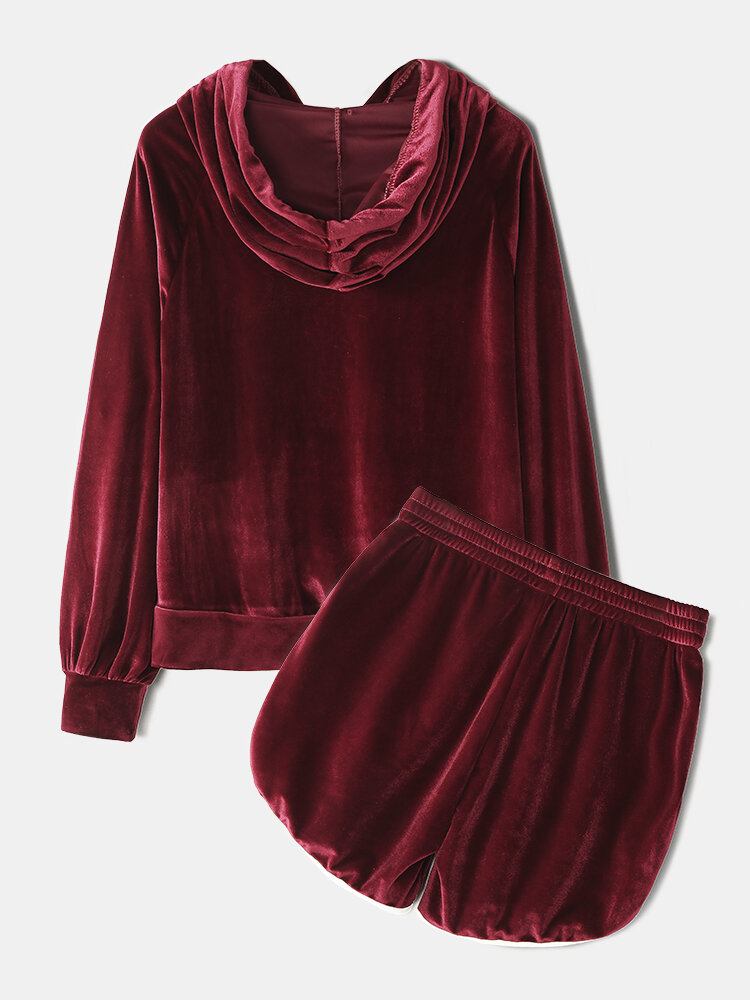 Kvinder Plus Size Solid Velvet Kænguru Lomme Hættetrøje Løse Shorts Home Casual Pyjamas Sæt