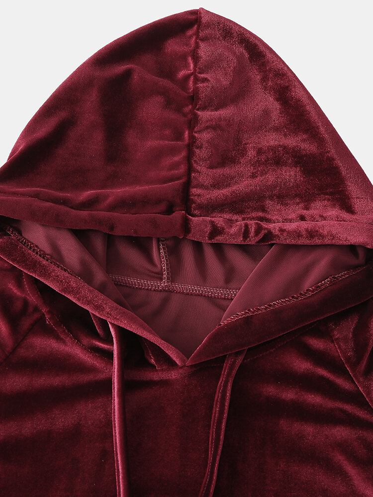 Kvinder Plus Size Solid Velvet Kænguru Lomme Hættetrøje Løse Shorts Home Casual Pyjamas Sæt