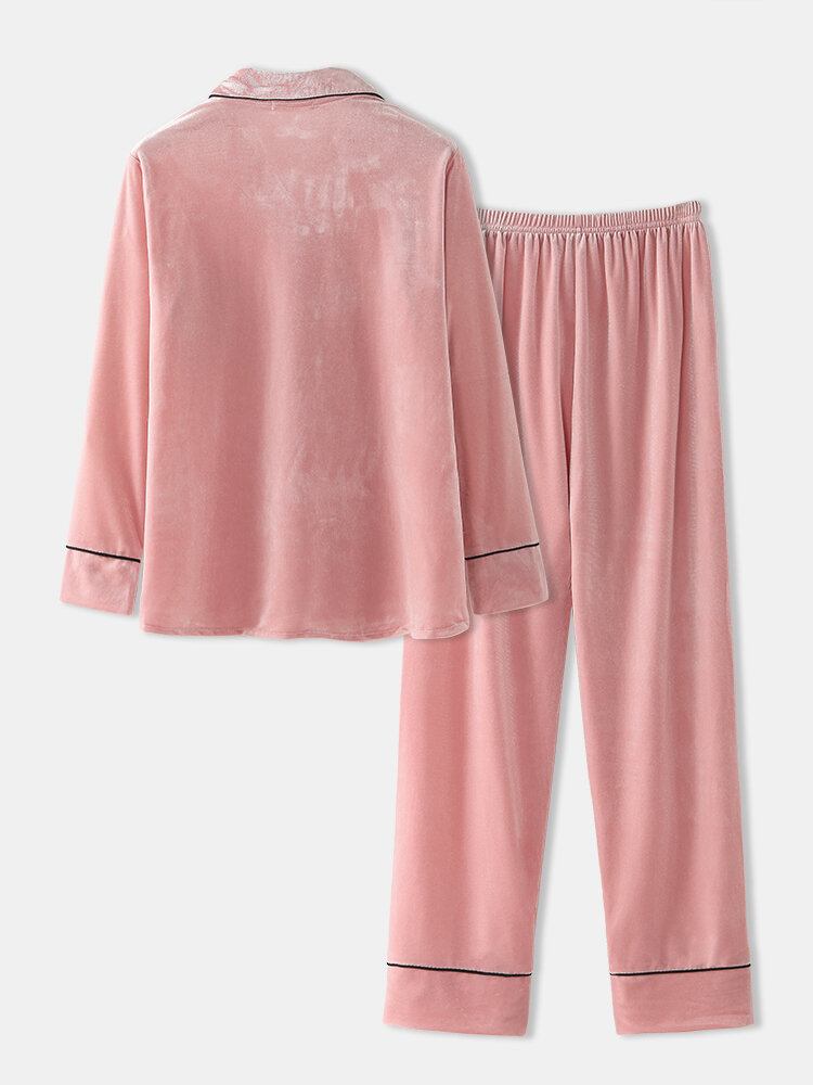 Kvinder Plus Size Velvet Revers Knap Løse Lige Bukser Homewear Lounge Solid Pyjamas Sæt