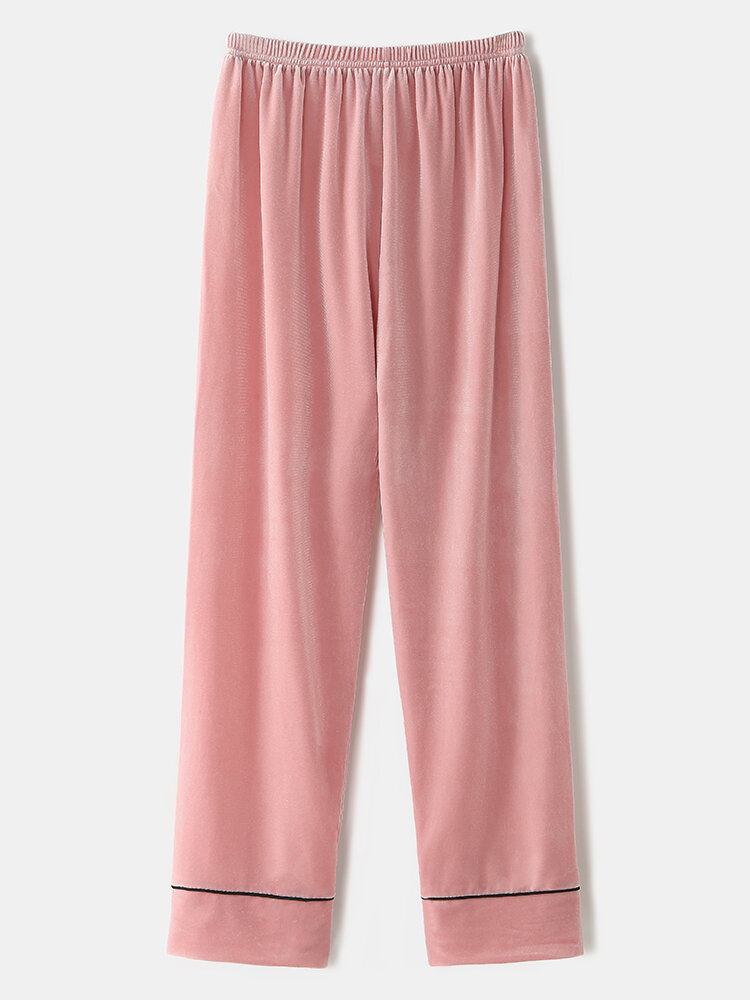 Kvinder Plus Size Velvet Revers Knap Løse Lige Bukser Homewear Lounge Solid Pyjamas Sæt